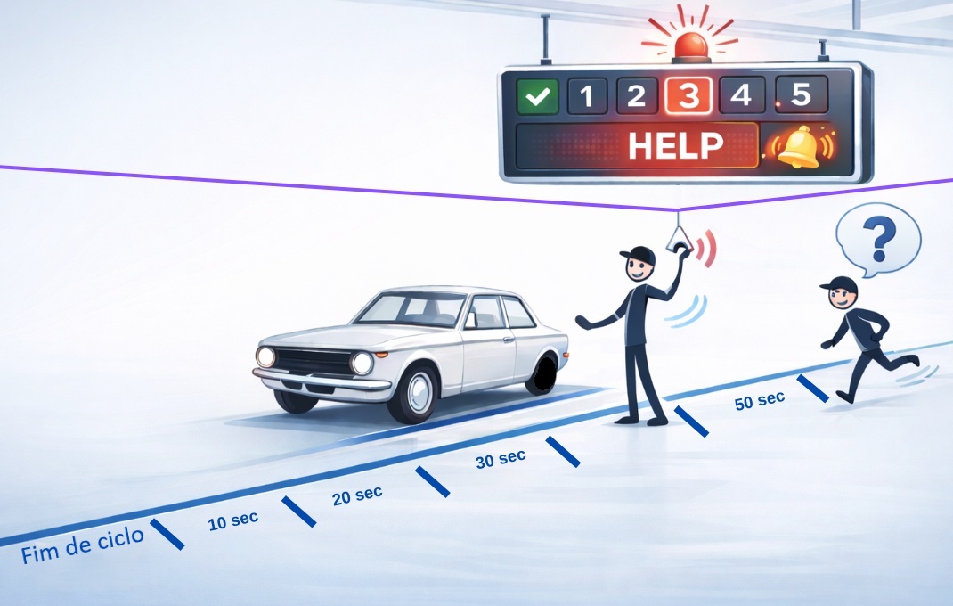 sistema de cadeia de ajuda conceitual usando cordinha para chamar ajuda e painel andon para sinalizar.