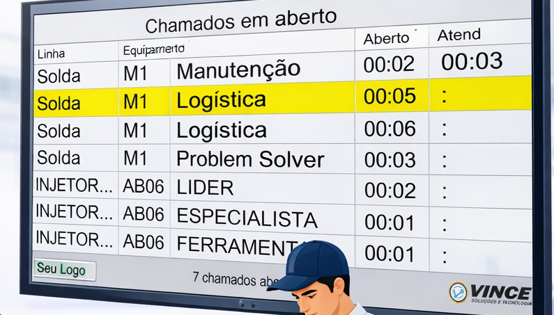 Monitor de tv mostra os chamados dos postos de trabalho tornando-os visiveis.