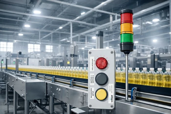 Linha de envase com AndonSpeed monitorando a produção.