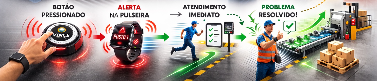 Botão sem fio pressionado.  Alerta na pulseira sem fio.  Atendimento imediato. Problema resolvido.