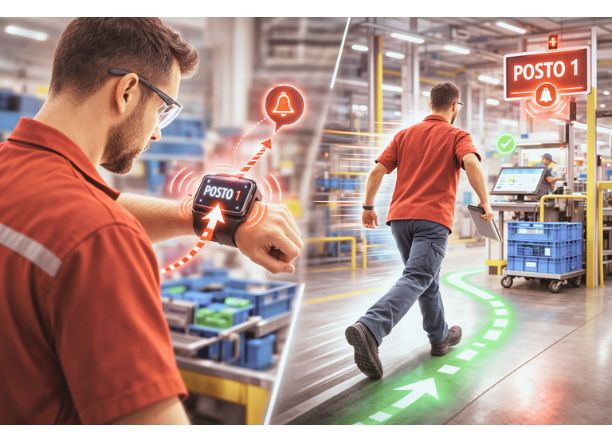 tecnico da manutenção recebendo chamado e dirigindo-se ao processo para atendimento.