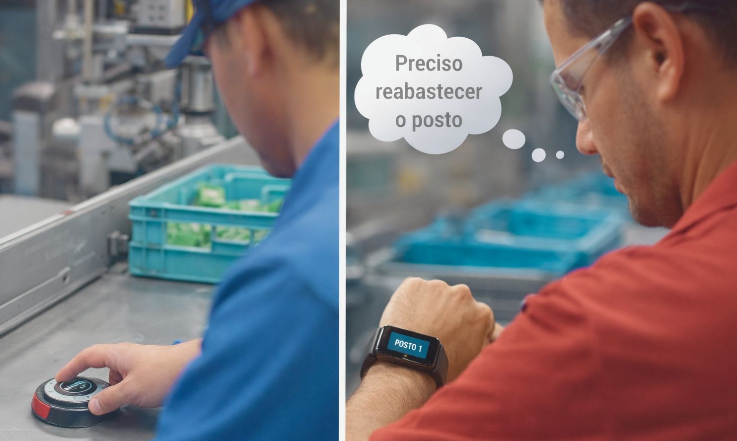 Operador em linha de produção acionando botão sem fio do sistema Andon para solicitar reabastecimento; abastecedor recebe chamado na pulseira vibratória indicando Posto 1.